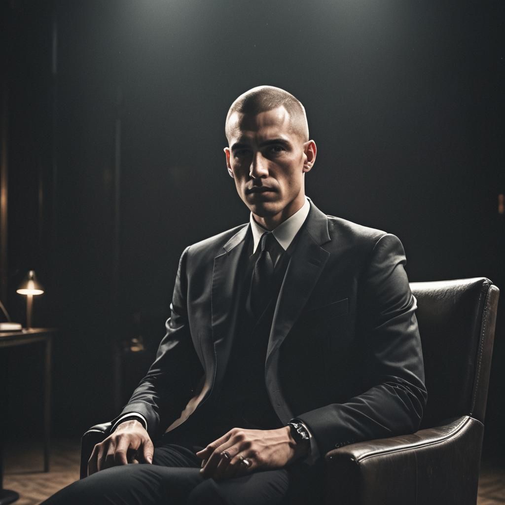 Tall Man in Dark Luxury Suit, High Contrast Film Still