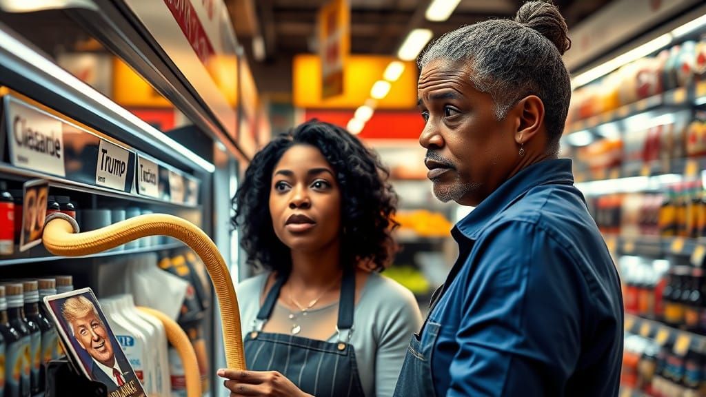Astonished Woman Views Blonde Drain Snake in Supermarket wit...