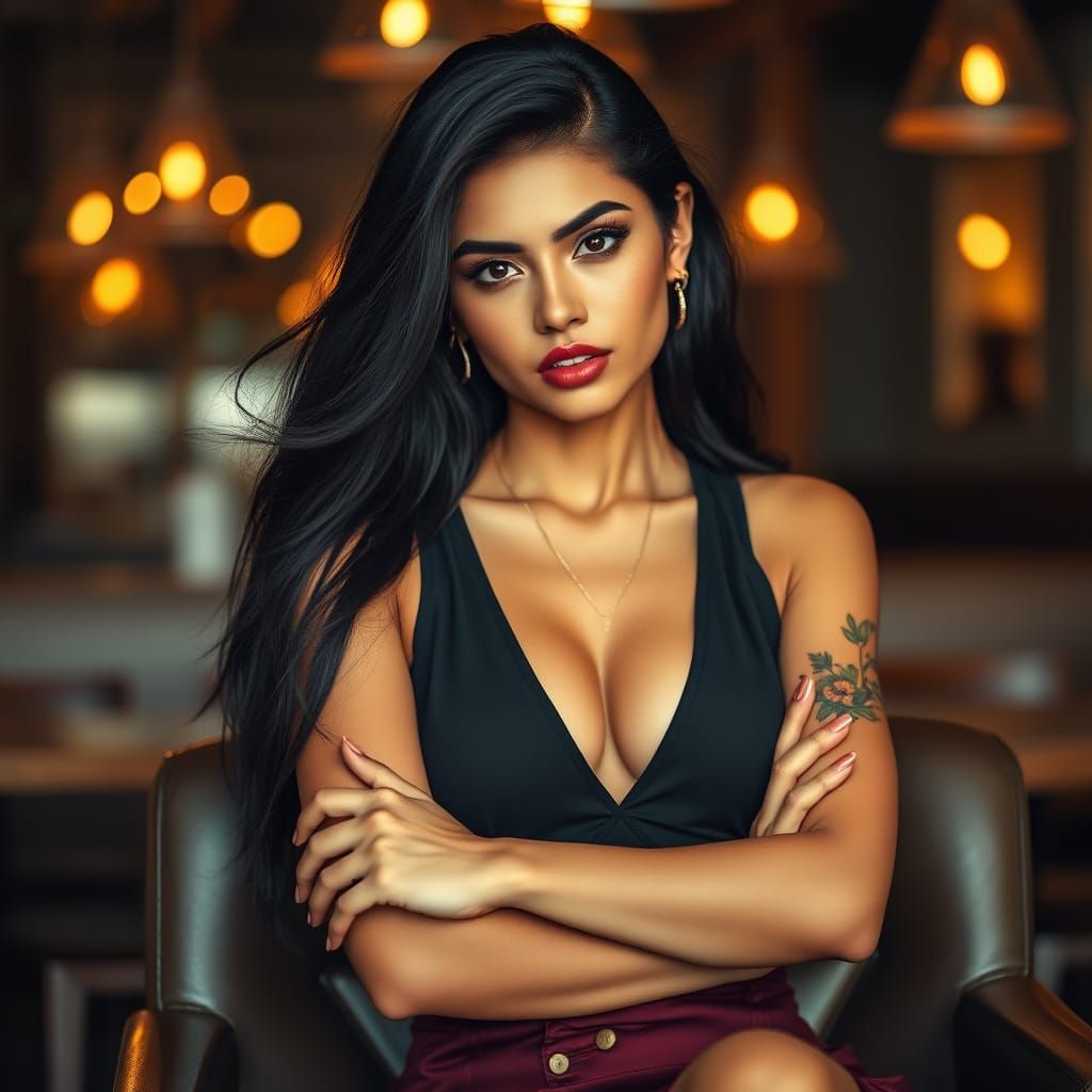 Colombian Woman with Tattoos in Burgundy Skirt