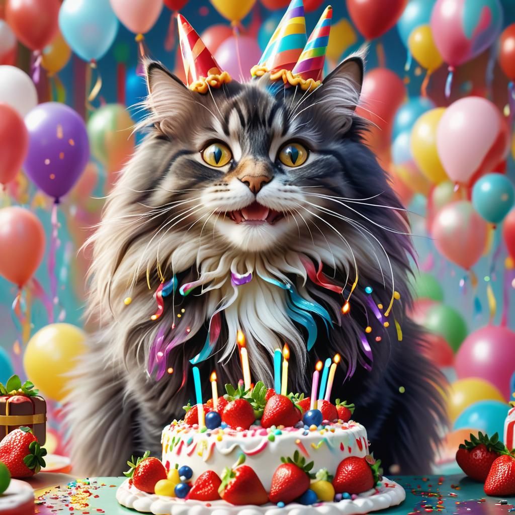 Surreal Birthday Cat Celebrates with Vibrant Cake and Balloo...