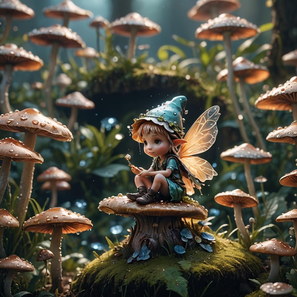 Ethereal Fairy Sits on a Luminous Mushroom in Hyper-realisti...