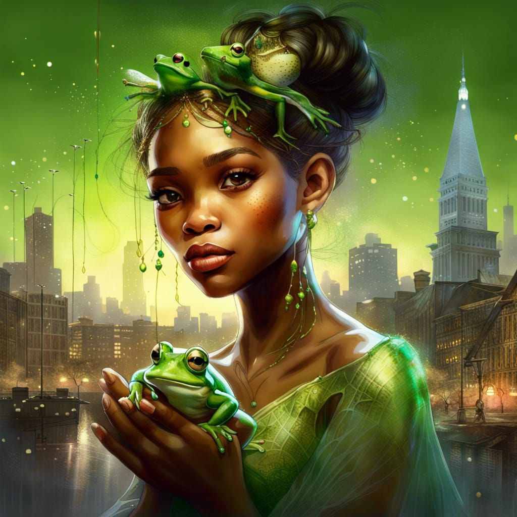 Hyperreal Princess Tiana with Sparkling Frog in Detailed Cit...