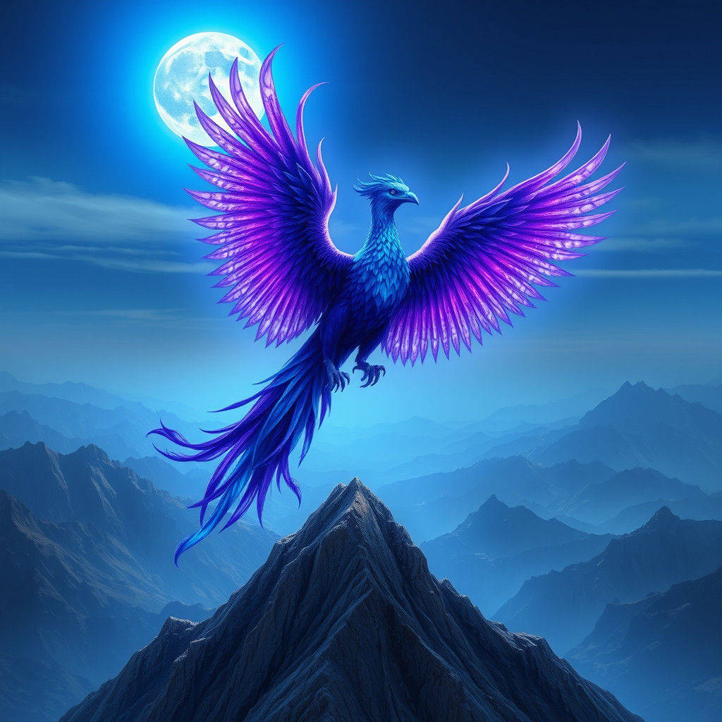 Mythical Phoenix Soars Above Mountain Peak Under Glowing Blu...