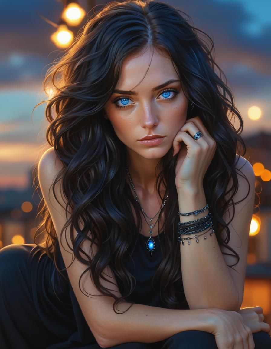 Portrait of a Woman with Dark Hair and Blue Eyes