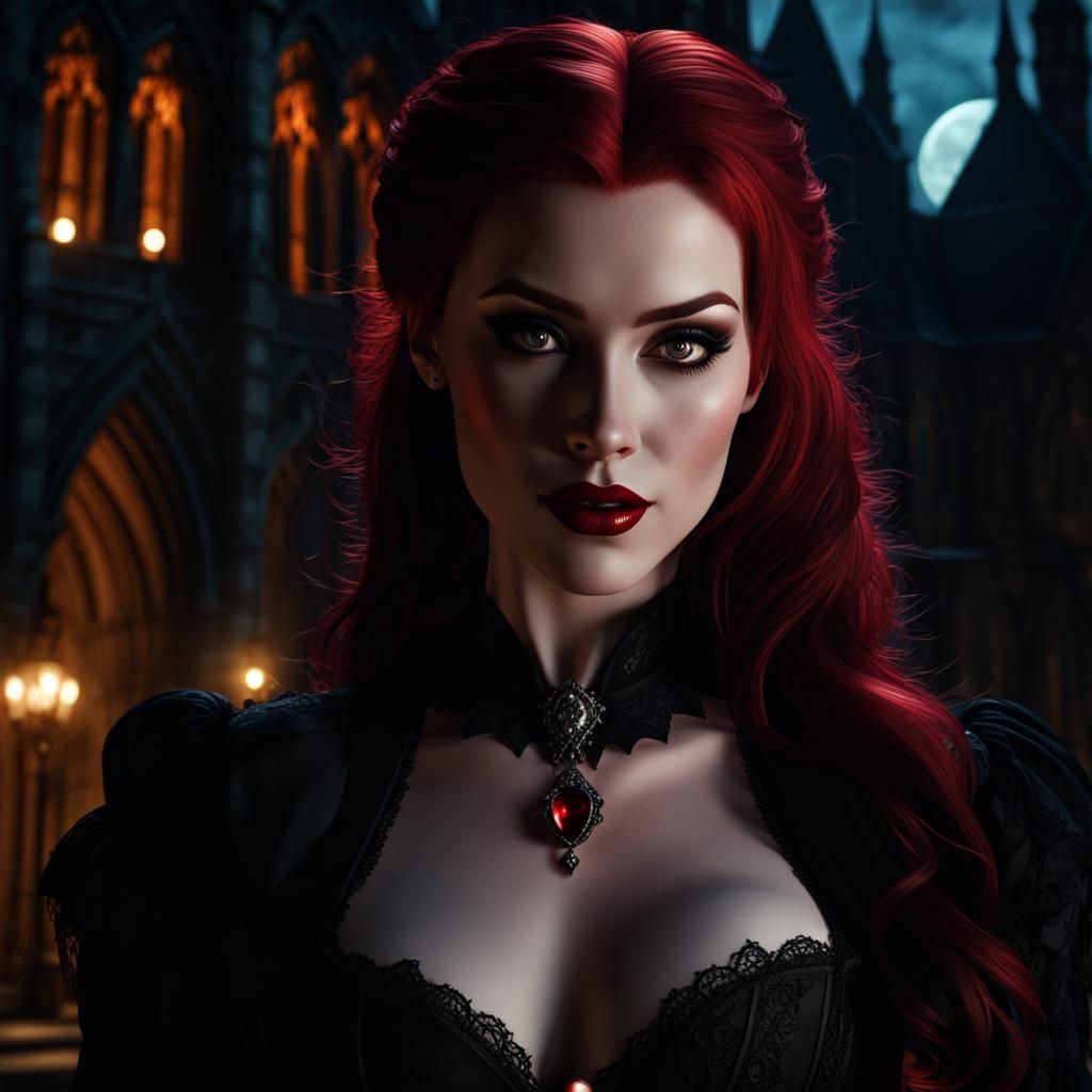 Elegant Gothic Vampire Woman in a Dark City at Night