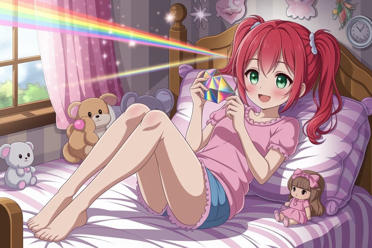 Anime Girl Plays with Prism Rainbows in Bedroom