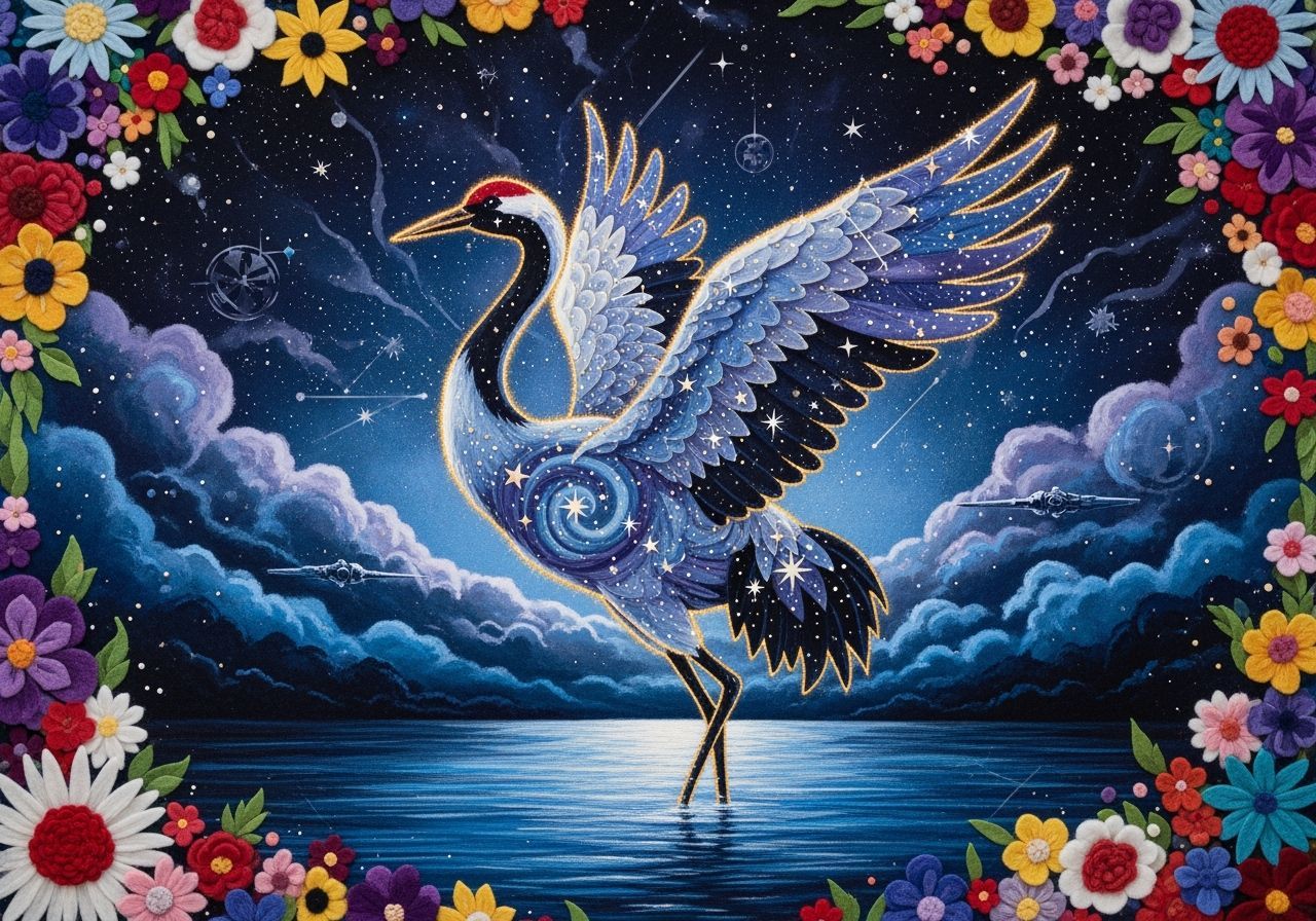 Felt Art Crane Constellation in Starry Sky