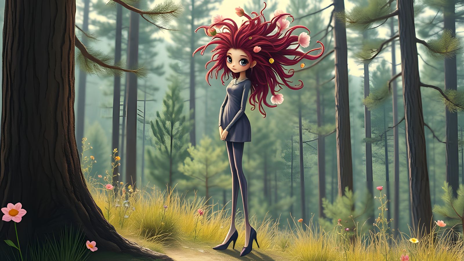 Enchanted Floral Diva in a Whimsical Pine Forest