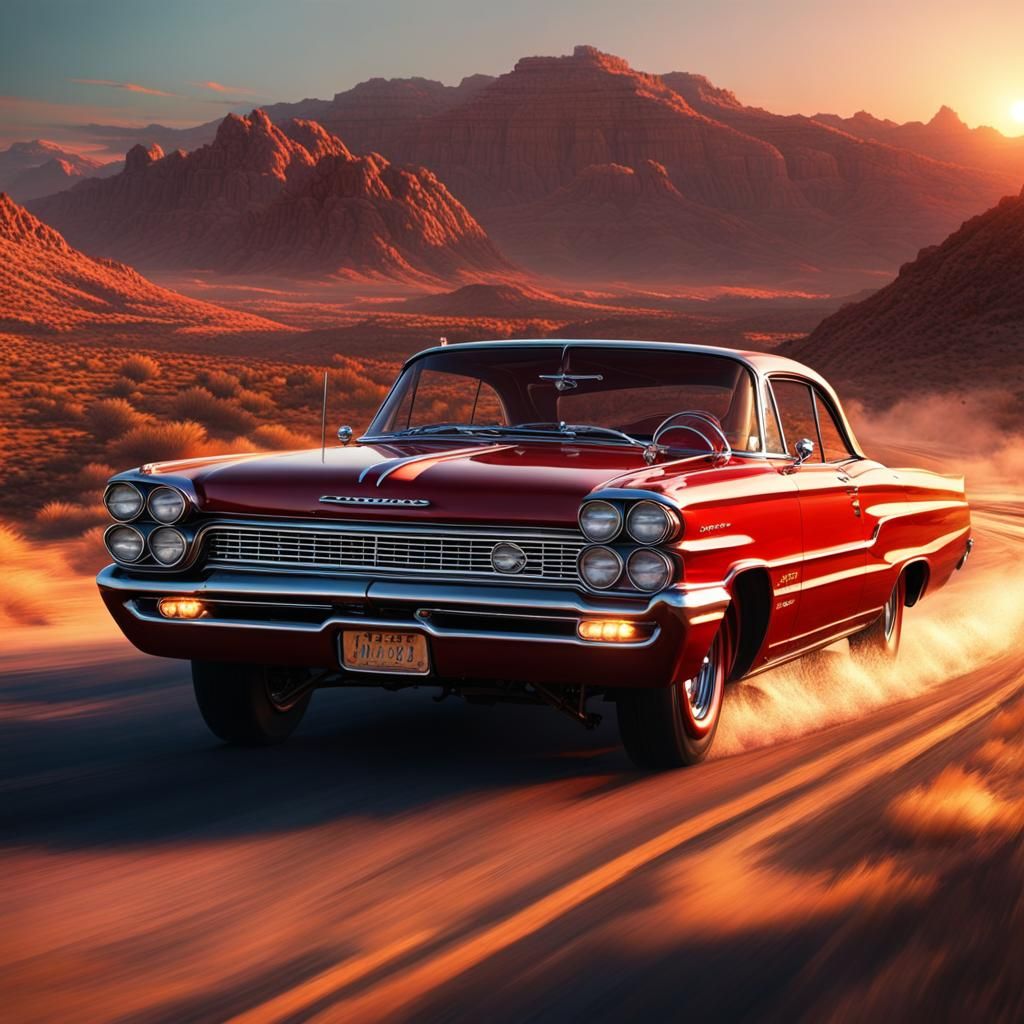 Speed Racer Pontiac Catalina Chases Sunset on Baja Highway