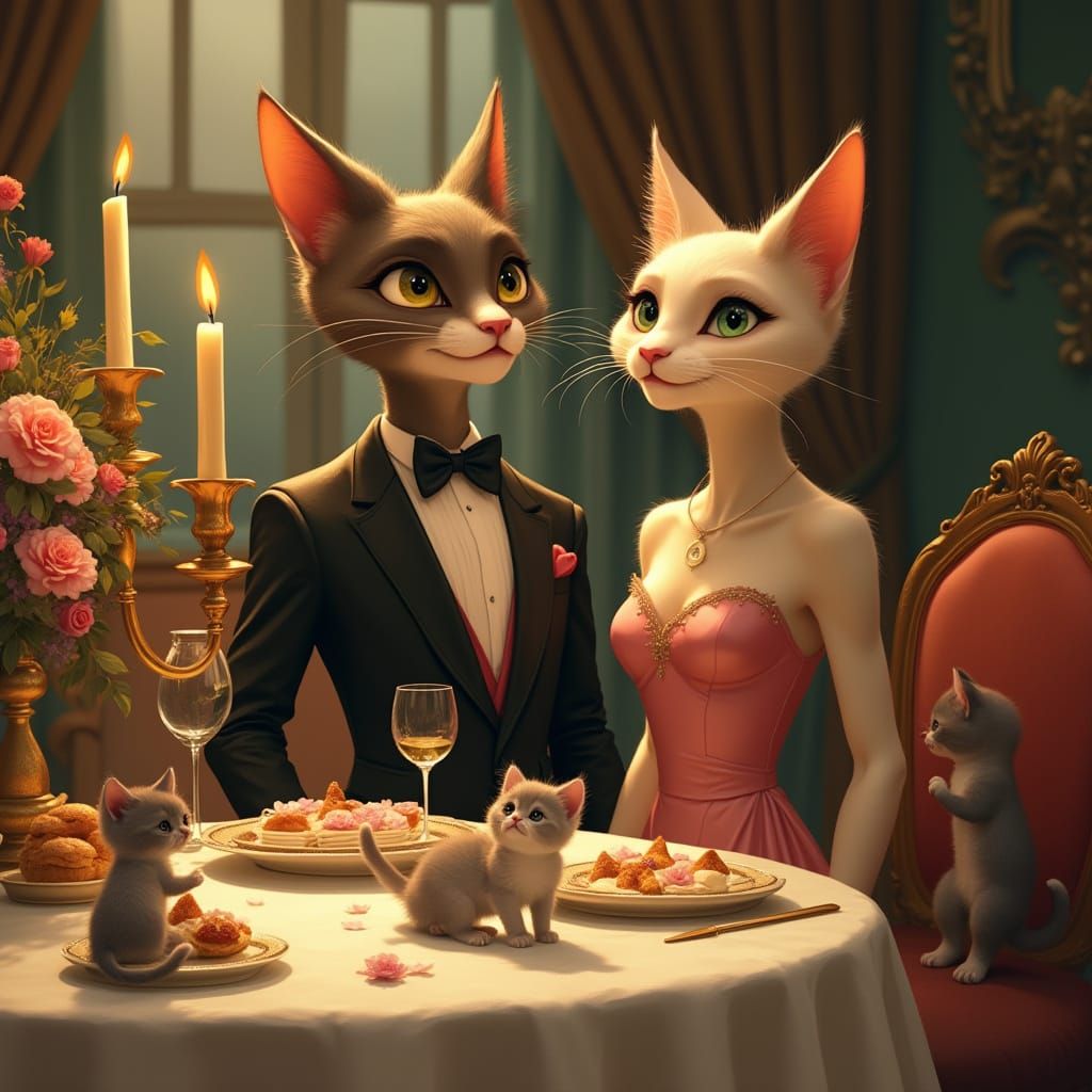 Debonair Cat Hosts Elegant Dinner Party with Date and Kitten...