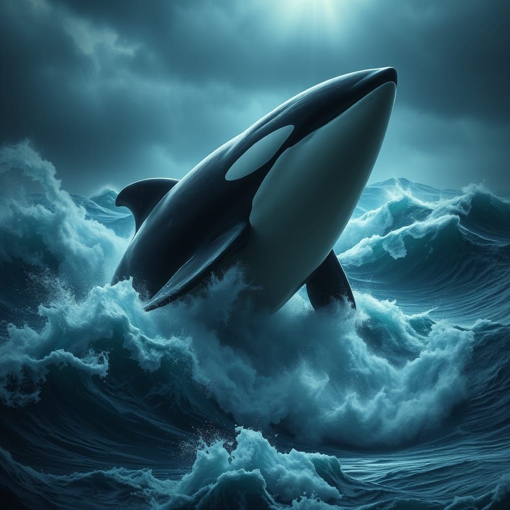 Colossal Bioluminescent Orca Rises from Stormy Abyss