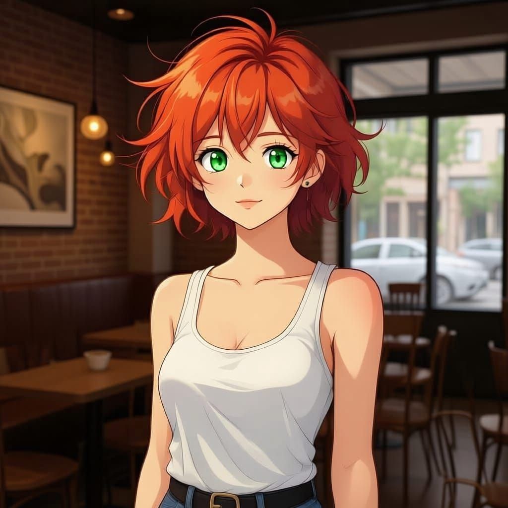 Manga Girl in White Tank Top with Short Red Hair