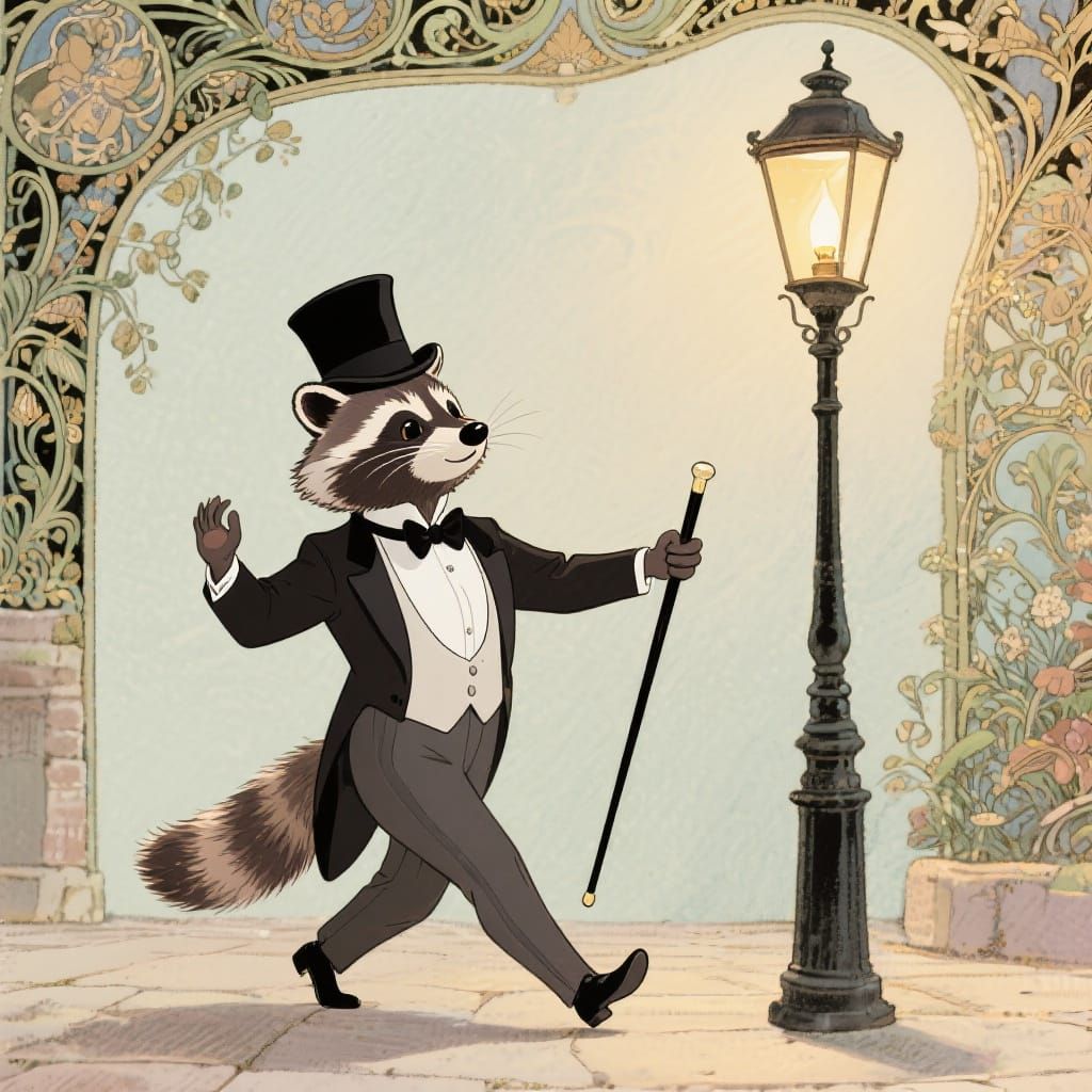 Dapper Raccoon Dances in Art Nouveau Style