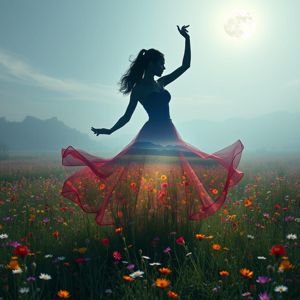 Serene Wildflower Meadow with Dancing Woman Under Full Moon