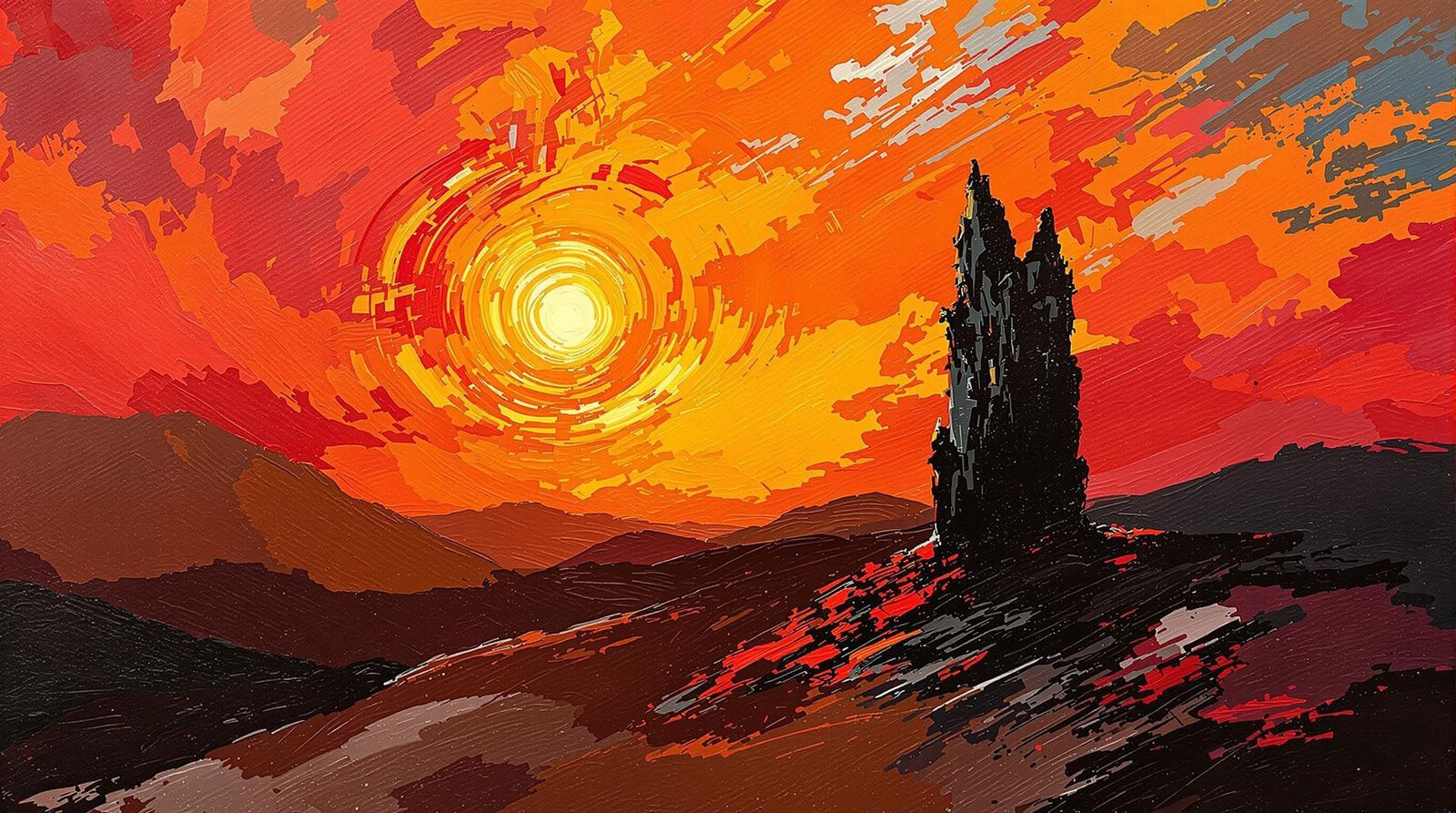 Vibrant Impressionist Sunset Landscape with Dark Silhouette