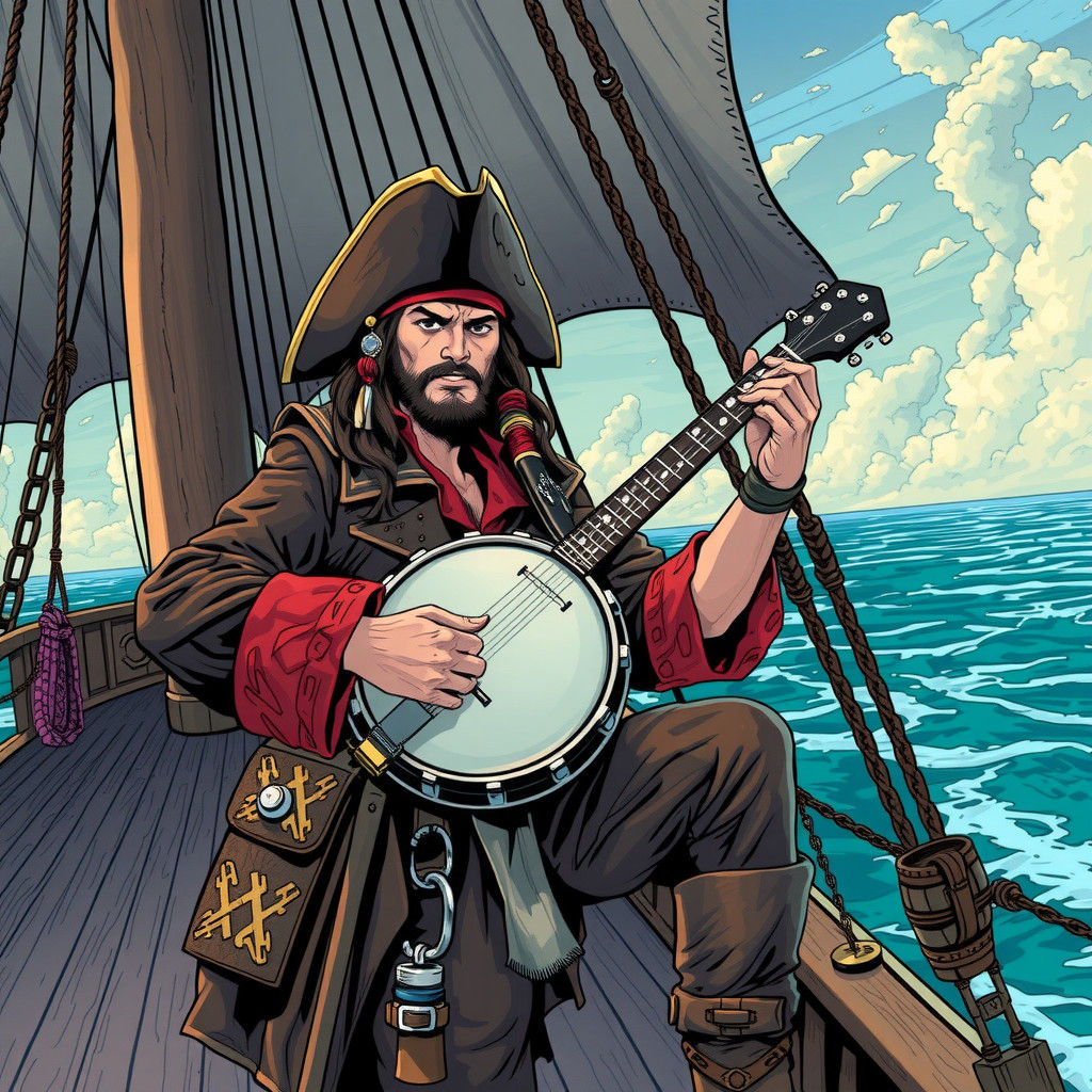 Pirate Swashbuckler Plays Banjo on Ship Deck
