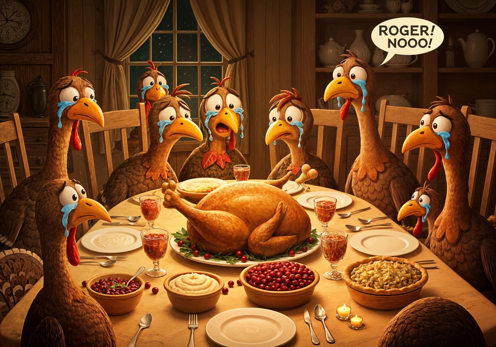 Anthropomorphic Turkeys Weep at Thanksgiving Dinner