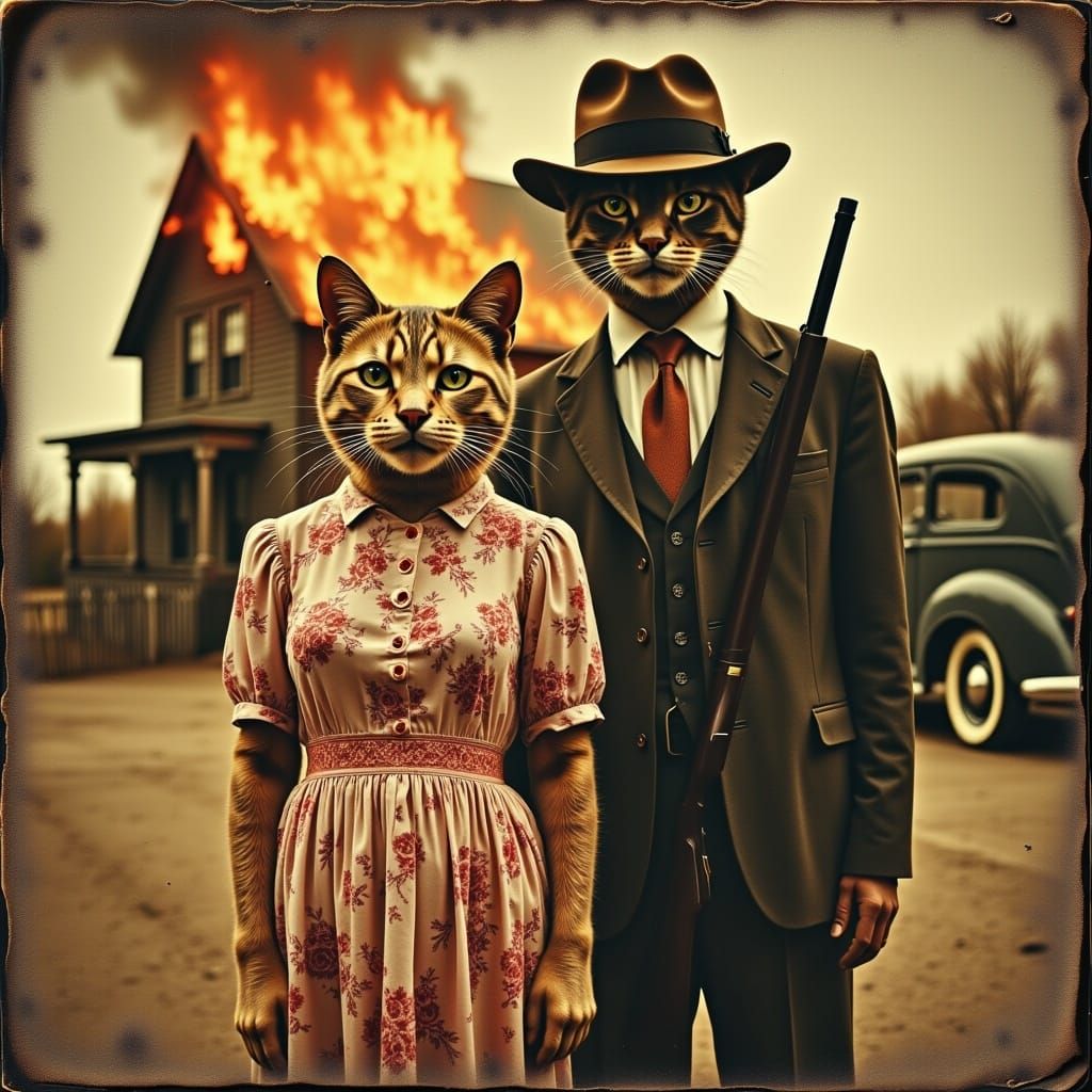 Vintage Cats as 1930s Bankrobbers in Flames