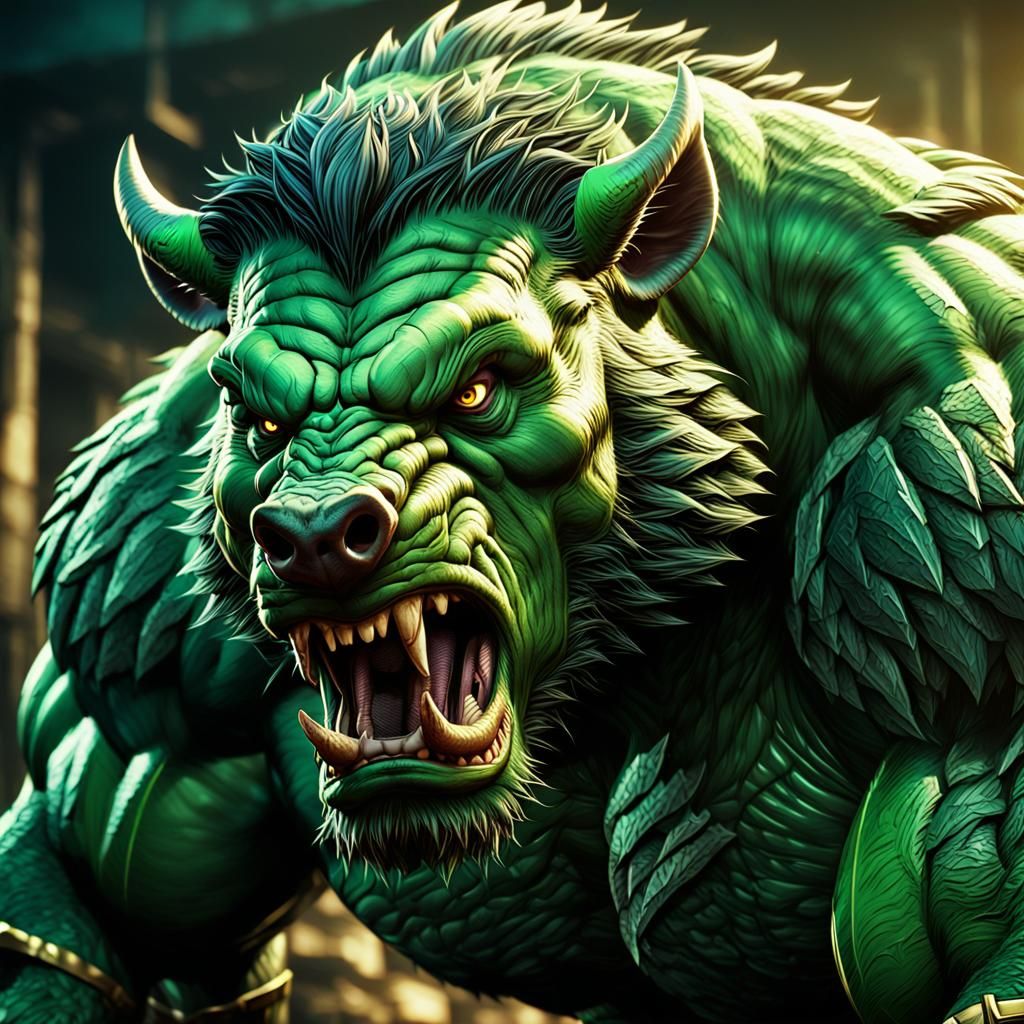 Green Muscle Boar in Epic, Comic-Book Art Style