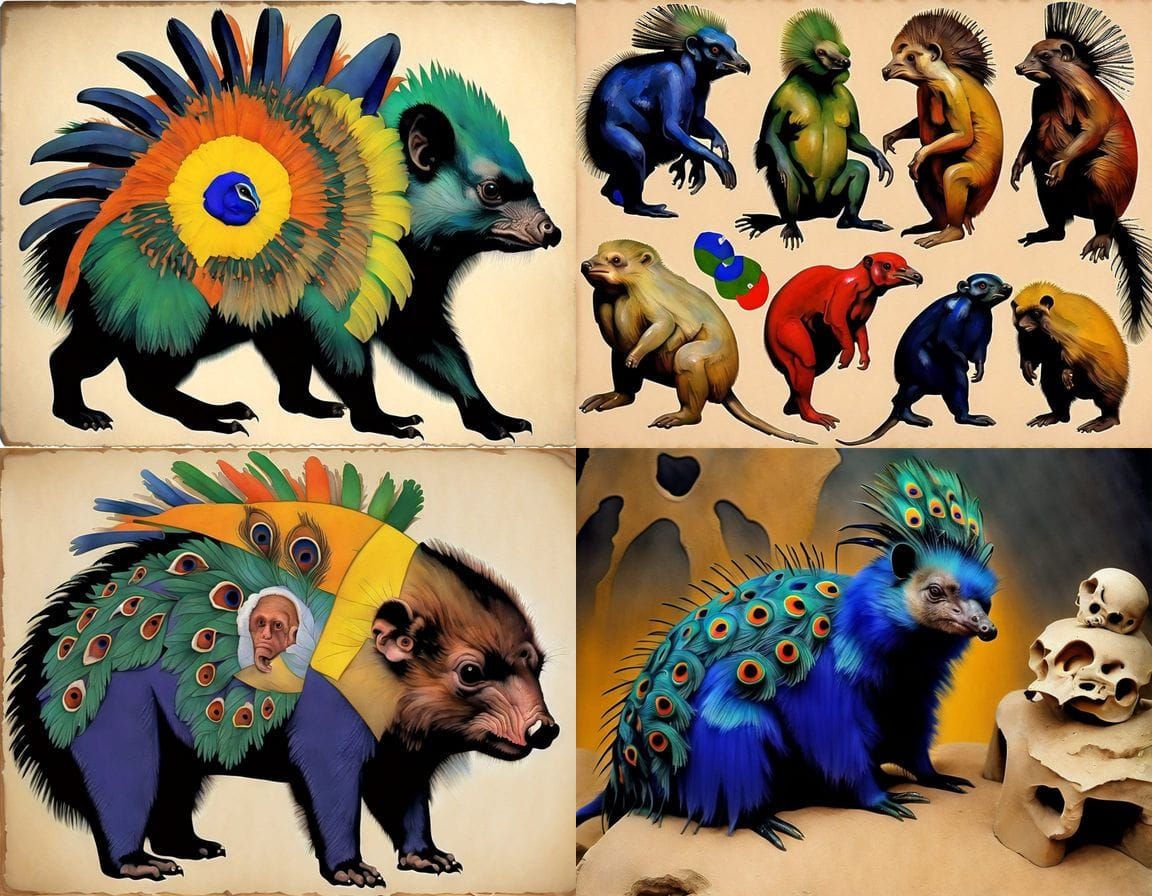 Bizarre Hybrid Creature with Peacock, Elephant, and Ape Feat...