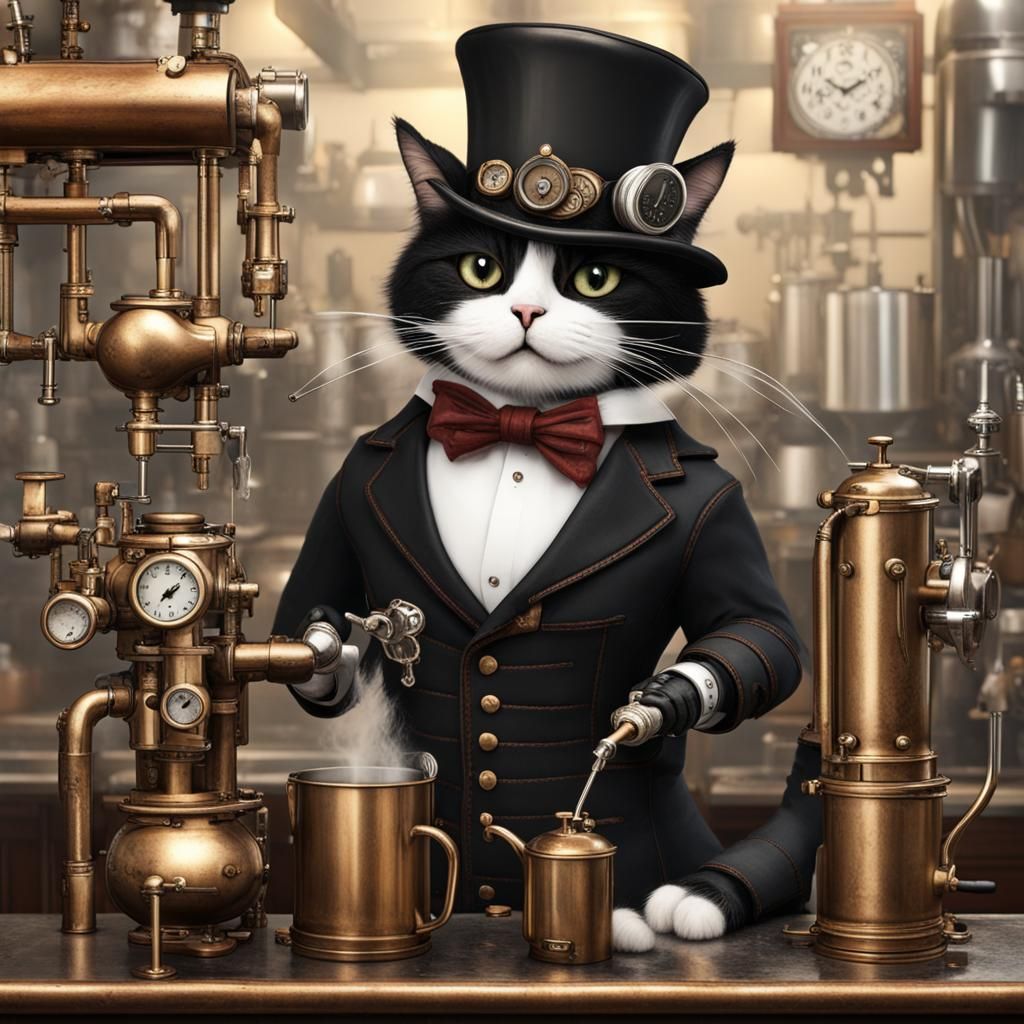Steampunk Cat Barista in Tuxedo Attire