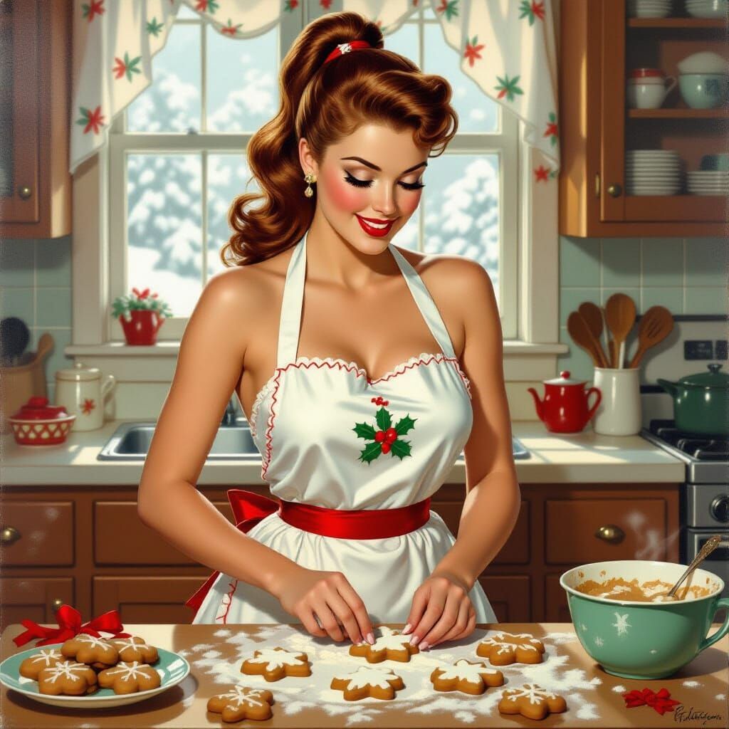 1950s Pinup Baking Christmas Cookies in Festive Kitchen Oil ...