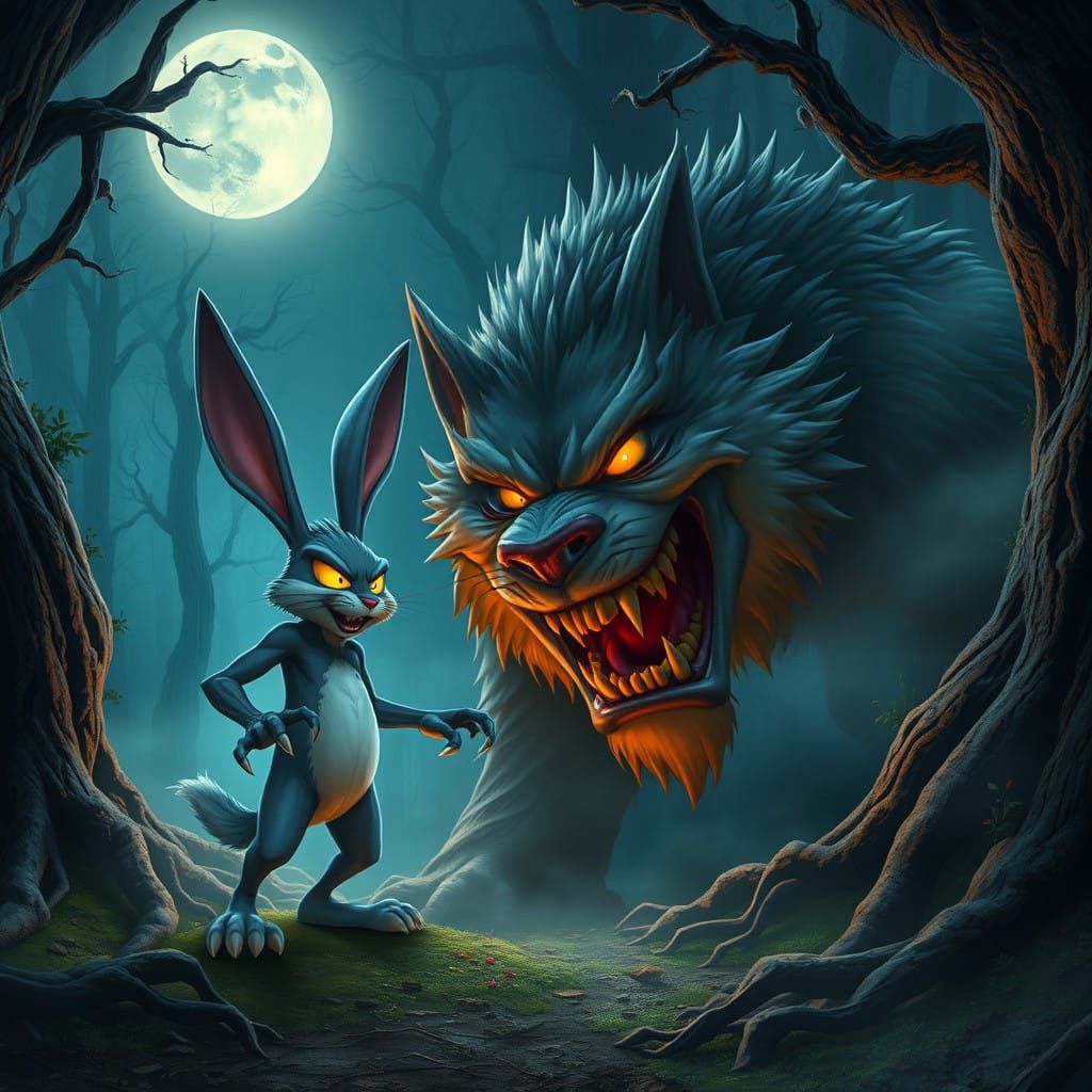 Moonlit Fantasy: Furious Bunny Confronts Malevolent Wolf