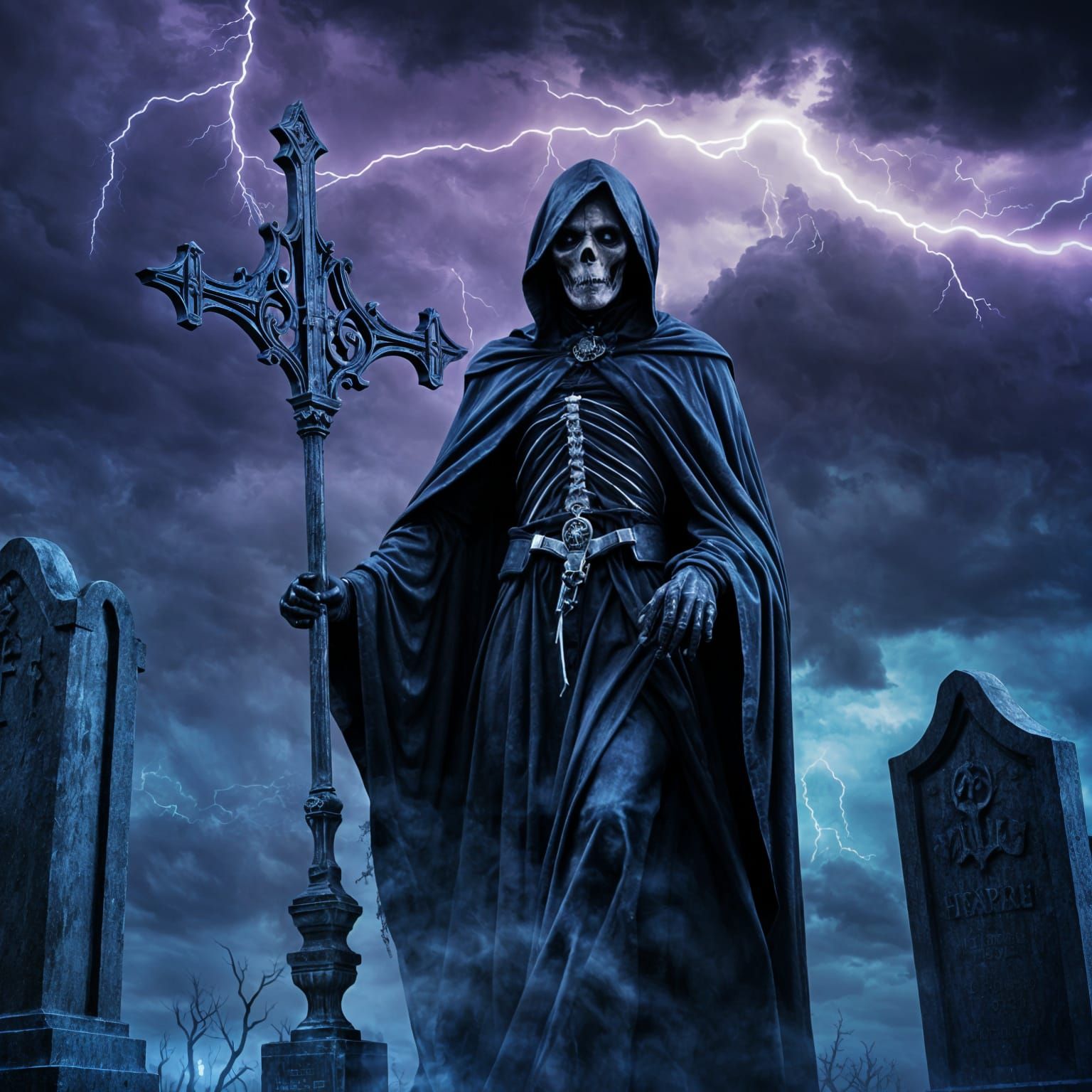 Grim Reaper in Graveyard Amidst Thunderstorm