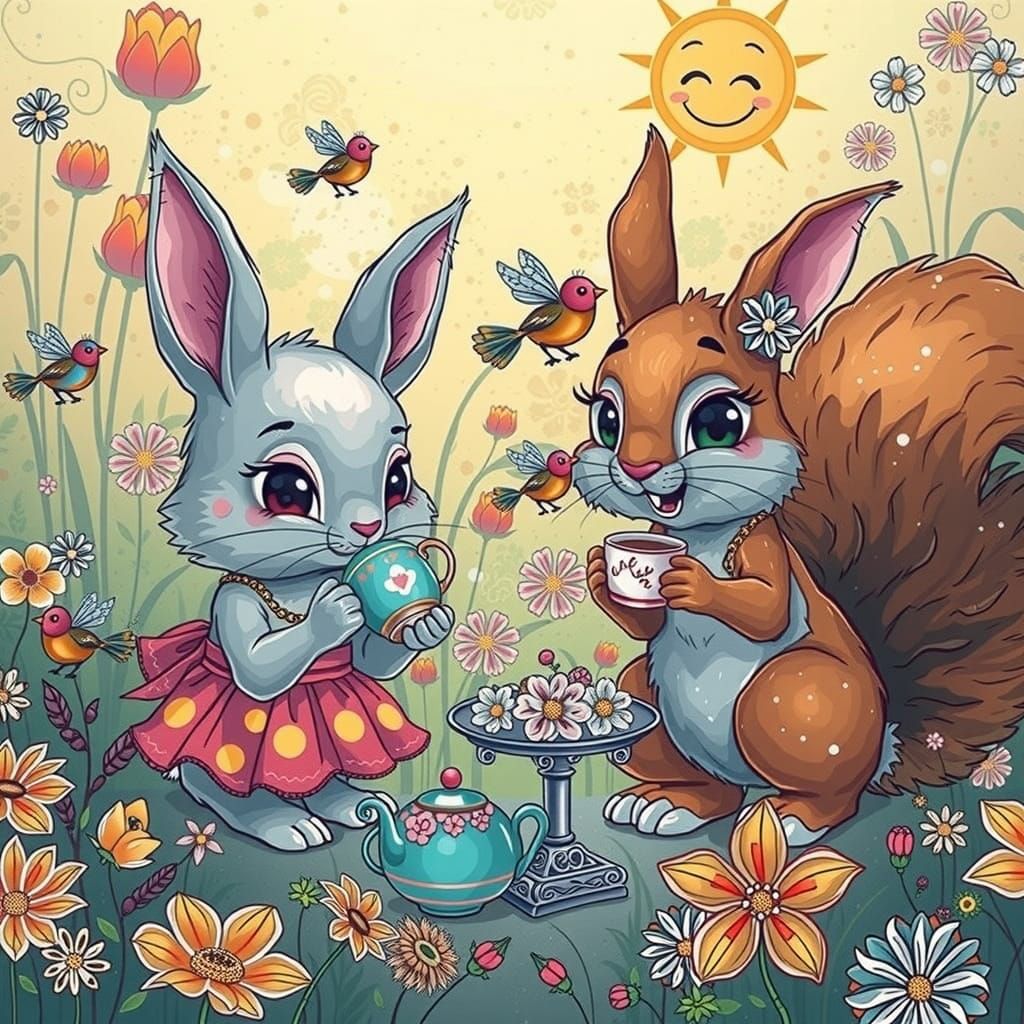 Whimsical Tea Party with Bunnies and Squirrels