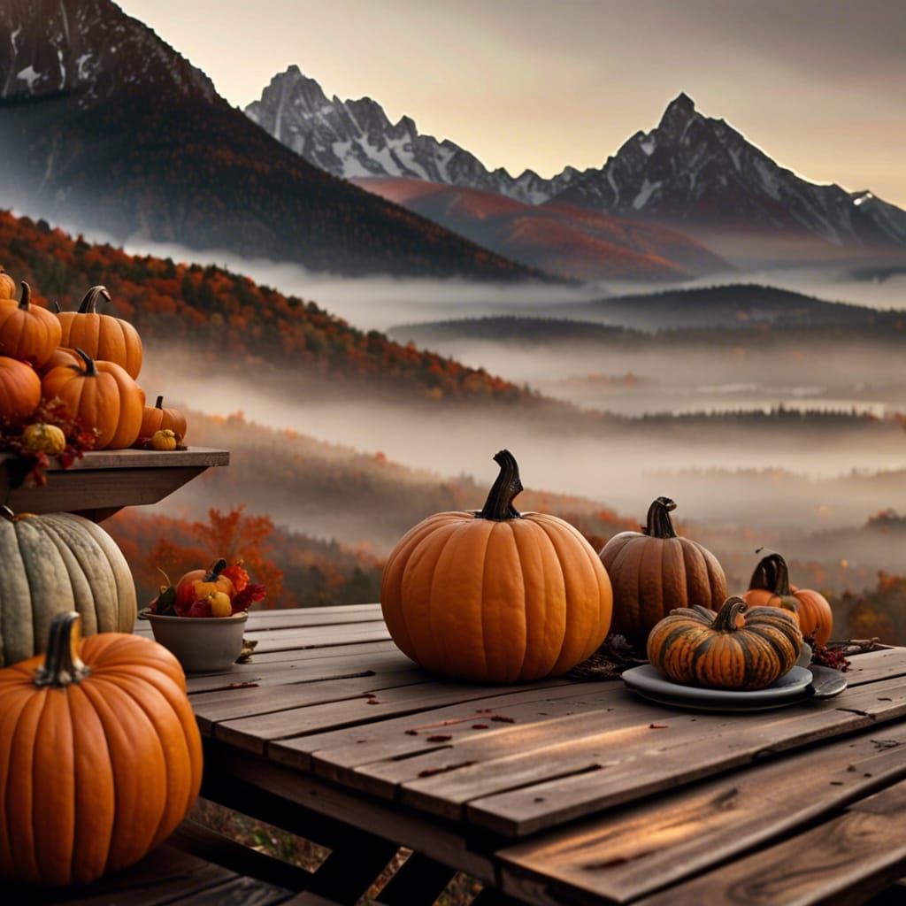 Vibrant Fall Decorations in a Misty Mountain Setting