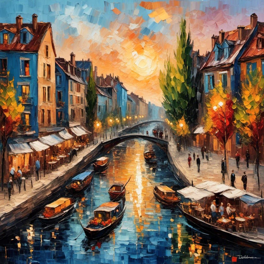 City Street at Sunset with Canal Scene in Impressionist Styl...