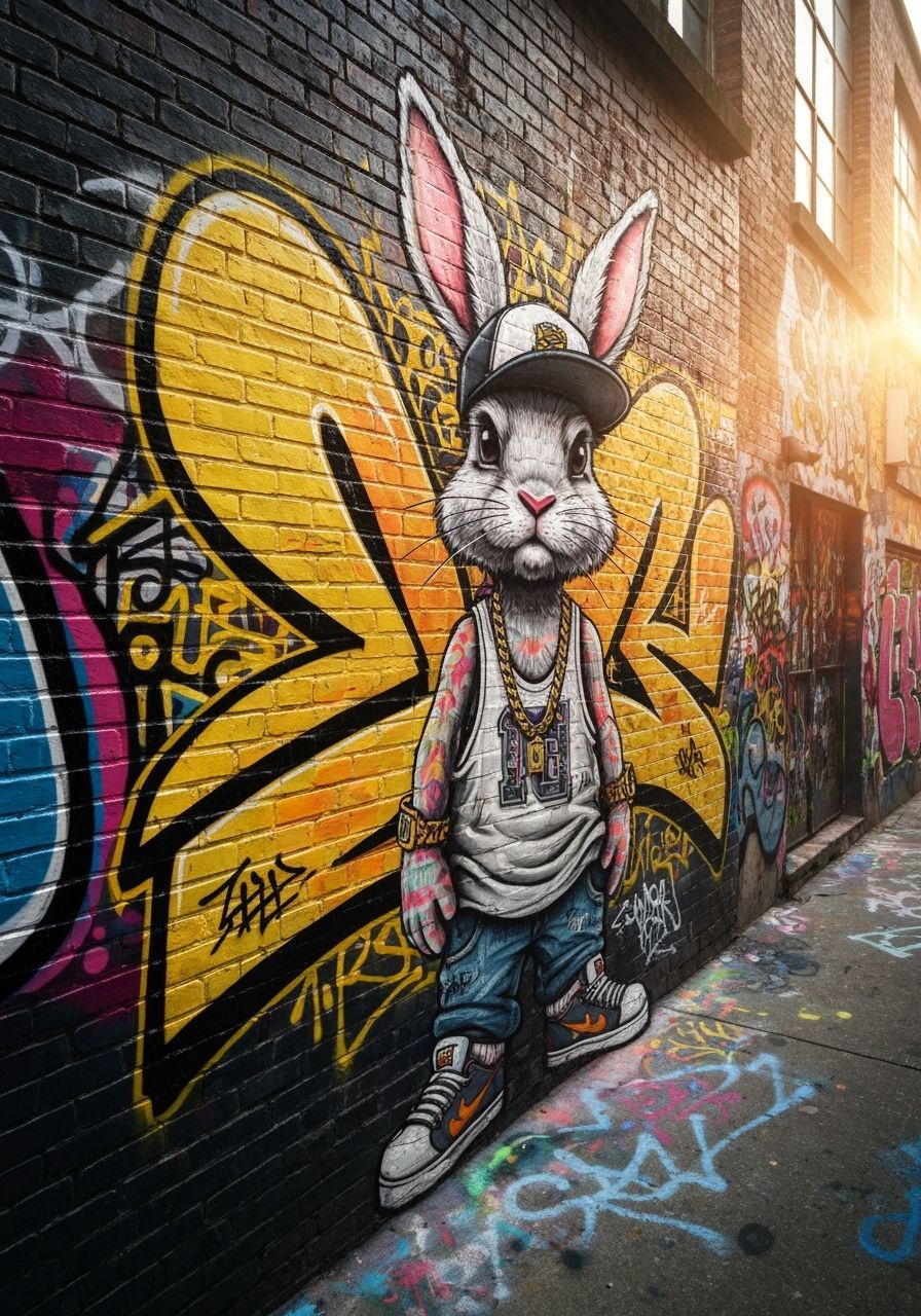 Hip-Hop Rabbit Graffiti in Alleyway
