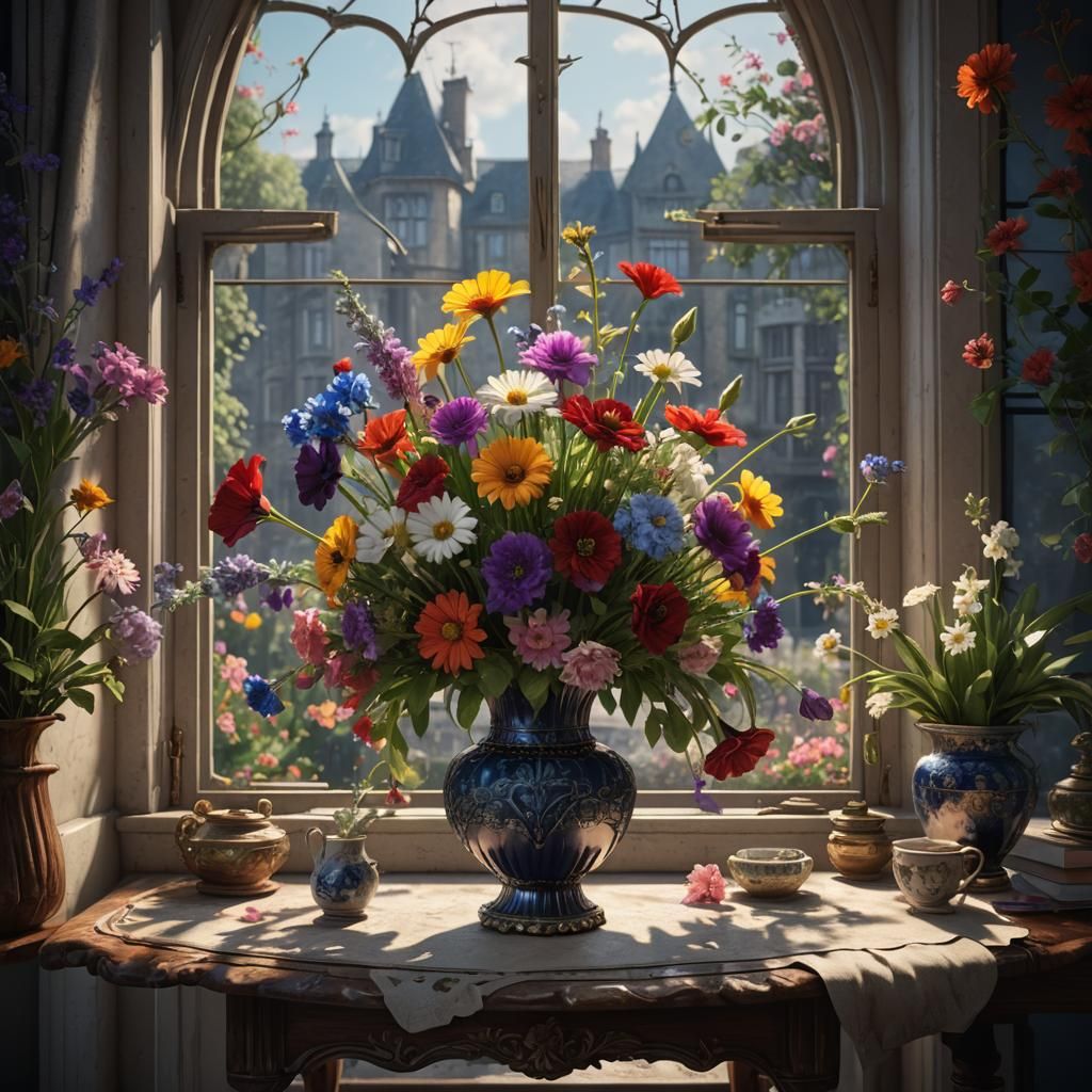 Vibrant Mixed Bloom in a Windowlit Setting