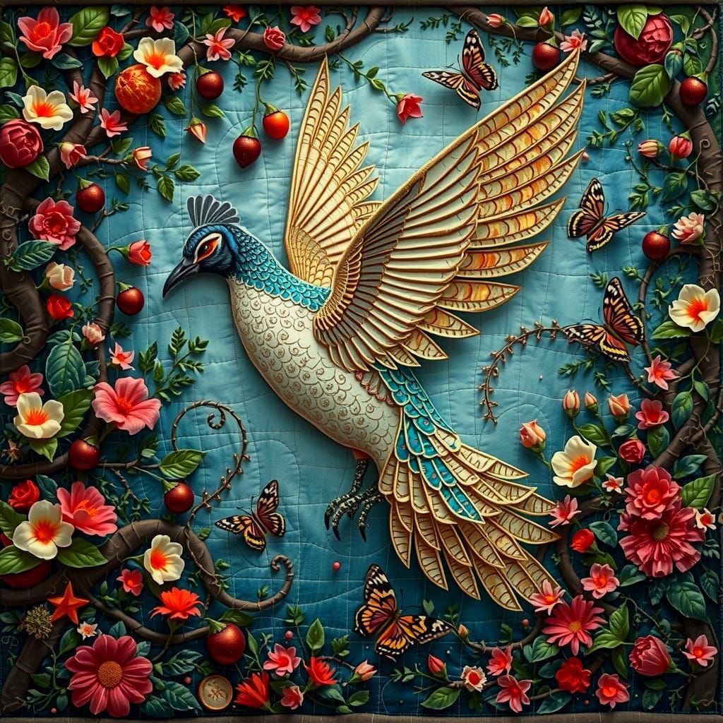 Mythical Bird of Whimsy in Forest Quilted Needlework