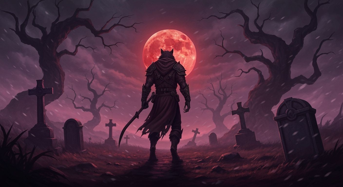 Werewolf Warrior Under Blood Moon in Dark Fantasy Style
