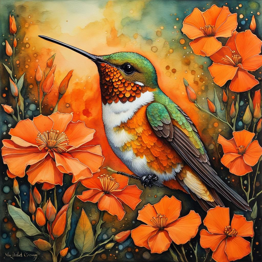 Vibrant Rufous Hummingbird amidst Magical Orange Blooms in a...