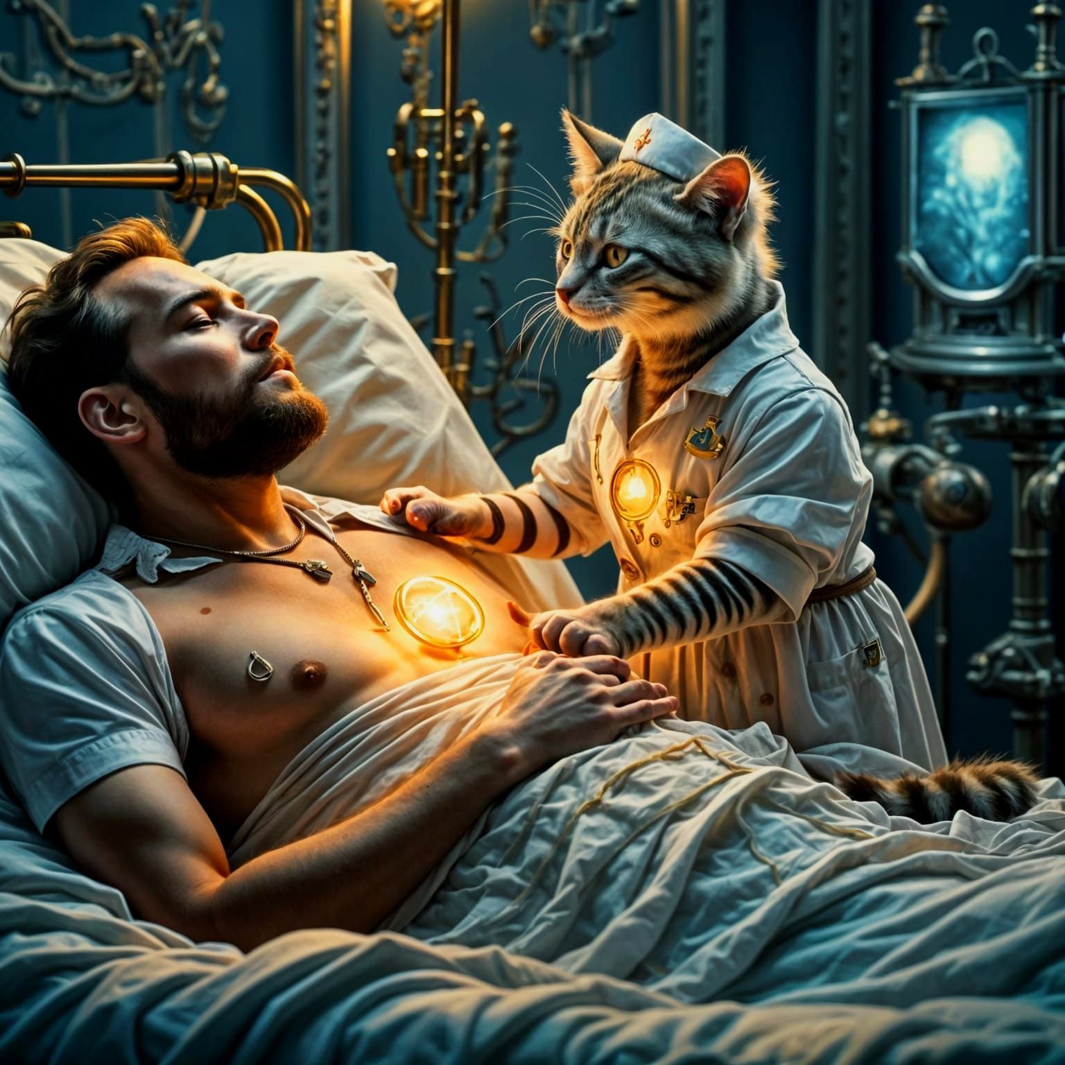 Man Heals with Magical Cat's Touch in Enchanted Hospital Sce...