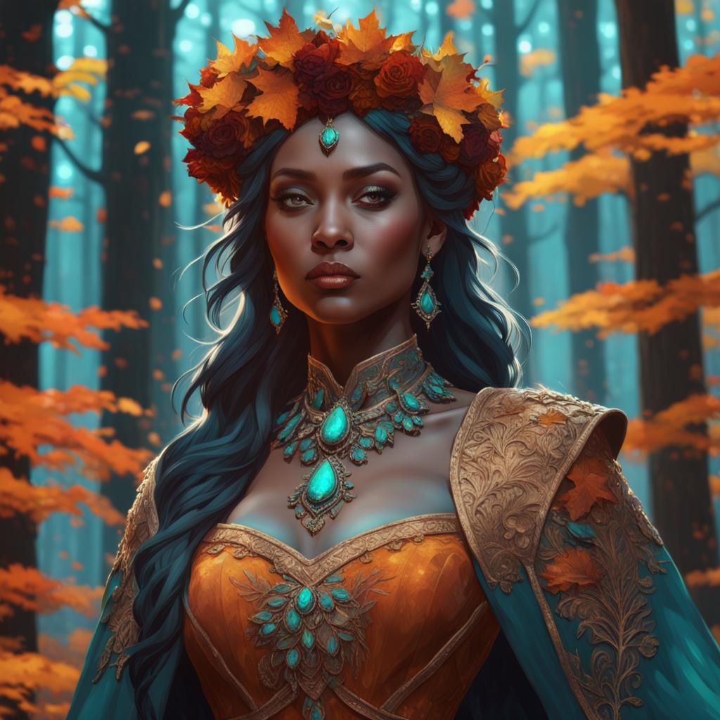 Majestic Fall Goddess Adorned with Vibrant Floral Crown