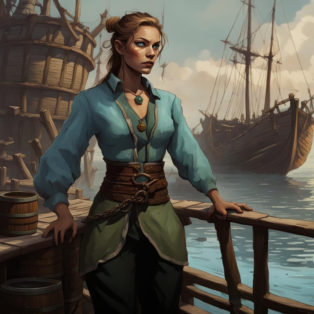 Elegant Tiefling Priestess Overlooks a Bustling Fishing Vill...