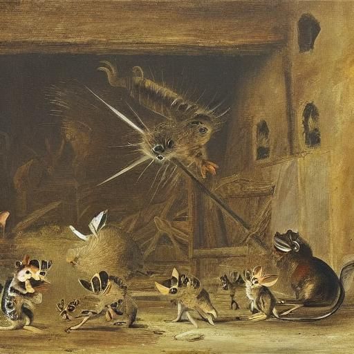 Mice Enjoying Abandoned Rural Ruins in Whimsical Style