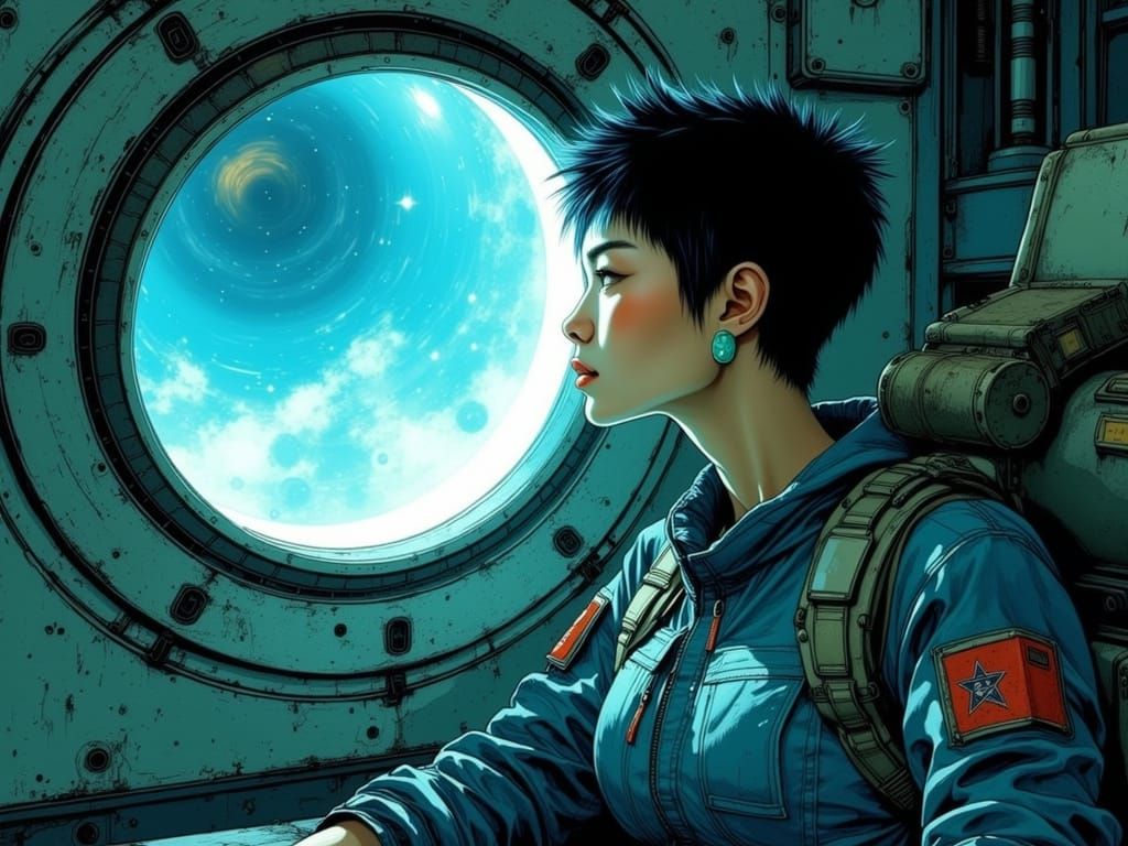 Surreal Korean Space Explorer in a Gritty, Cyberpunk Spacecr...