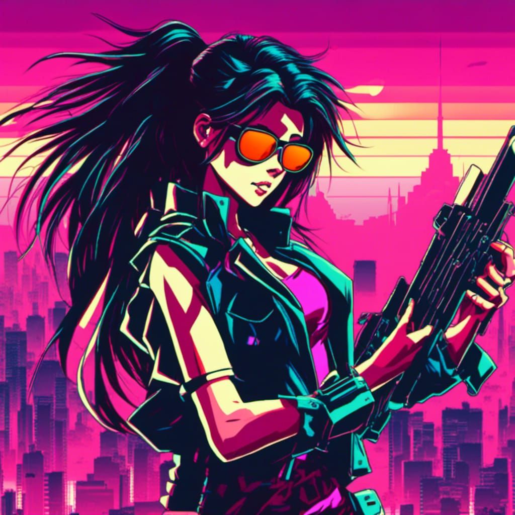 Cyberpunk Anime Warrior in RetroWave Style