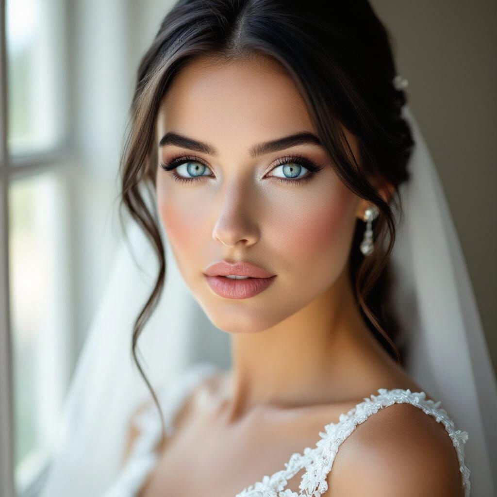 Beautiful Bride with Sparkling Blue Eyes in Flowing Wedding ...