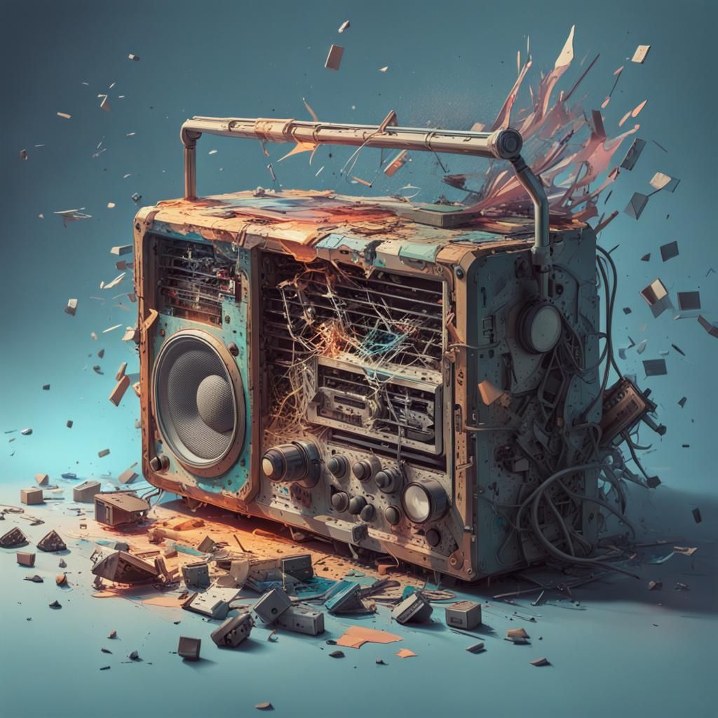 A Radio, blown up into bits and pieces , scattered everywhere