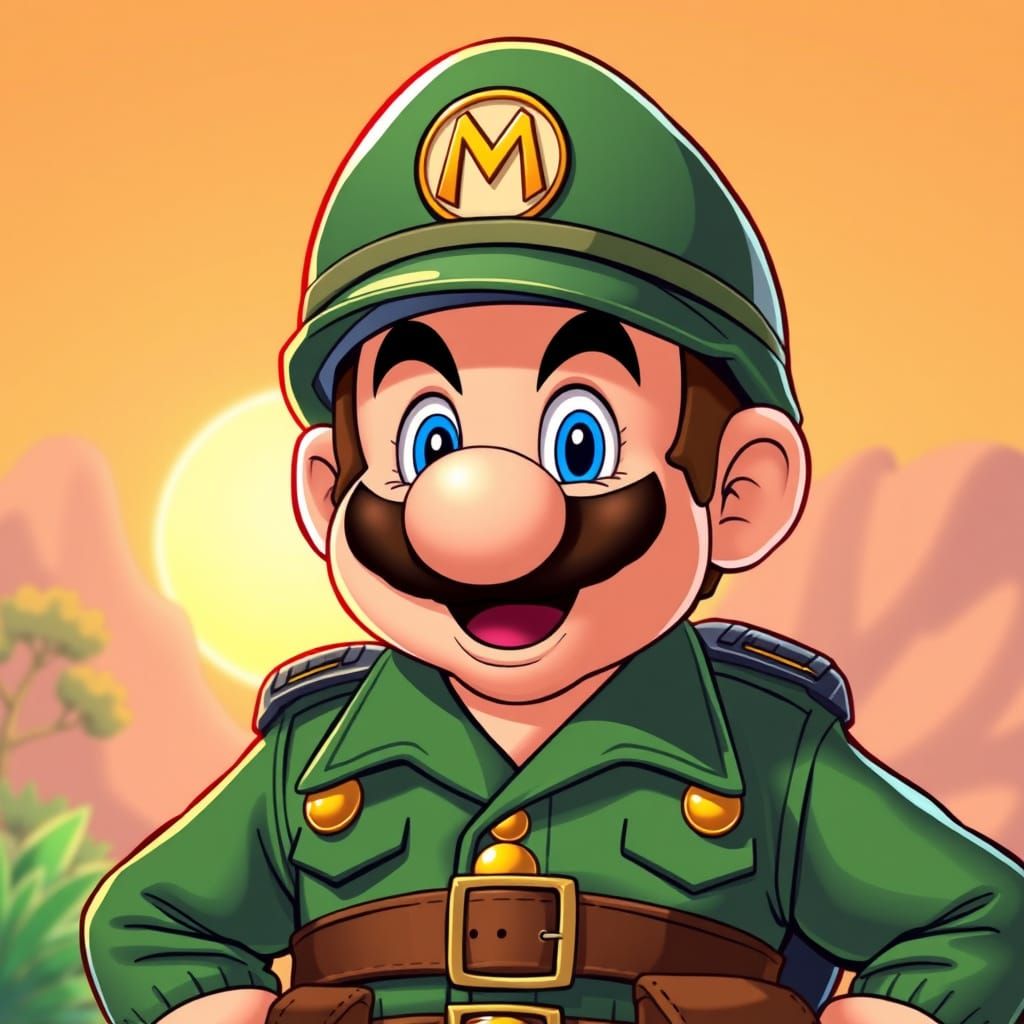 Mario in Classic Military Uniform, A Vibrant Adventure