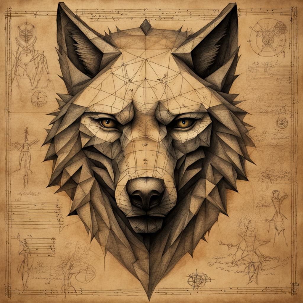 Mysterious Study of the Vitruvian Wolf in Sepia