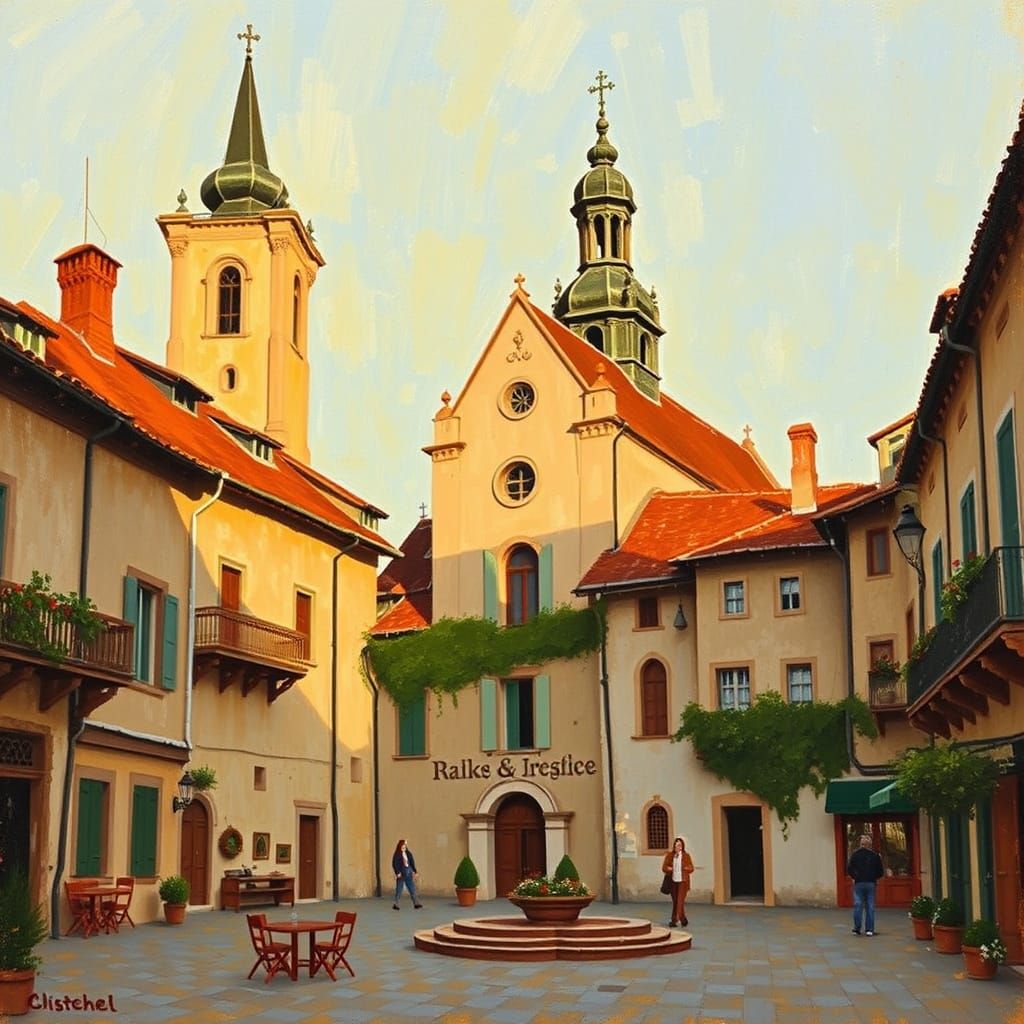 Impressionistic Church Bells Ringing in Town Square