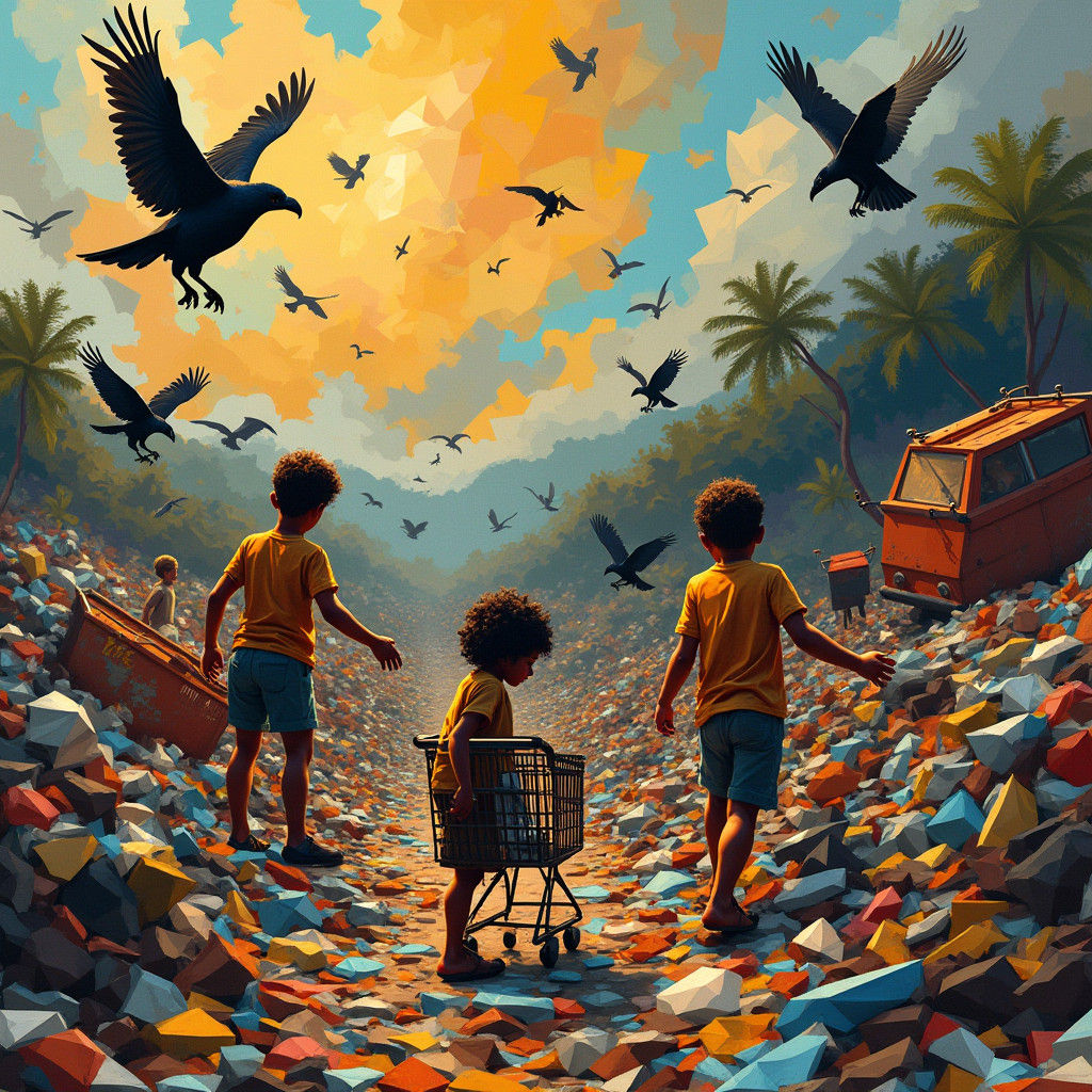 Ragged Children Amidst Rubbish and Vultures