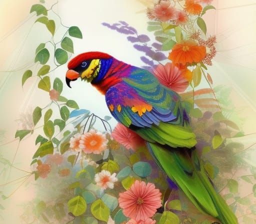 Rainbow Lorikeet in Jewel-Toned Floral Paradise
