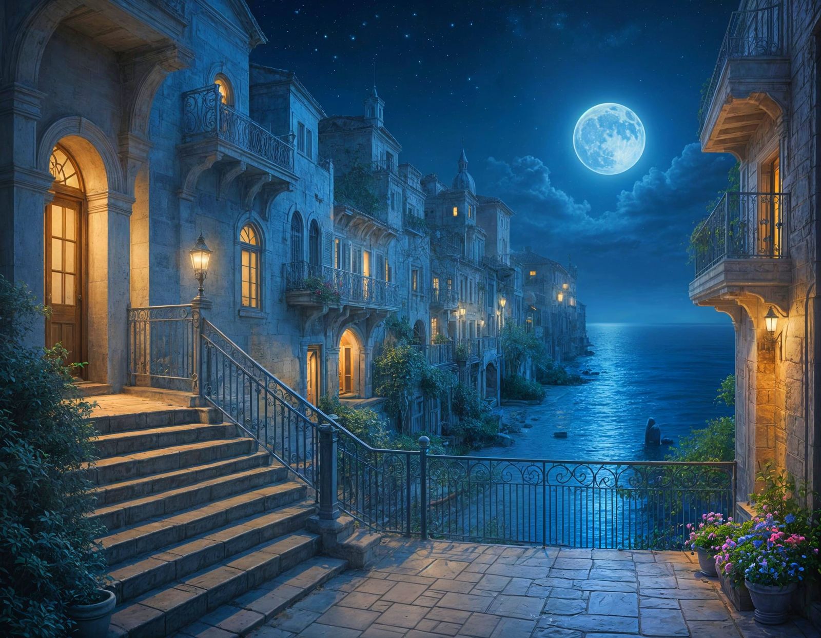 Ethereal Mediterranean Town Under a Starry Sky
